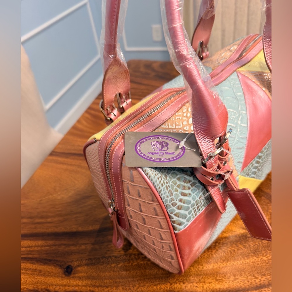 Sharif Multicolor Patchwork Leather Satchel - Coral, Yellow, Beige - Picture 3 of 16